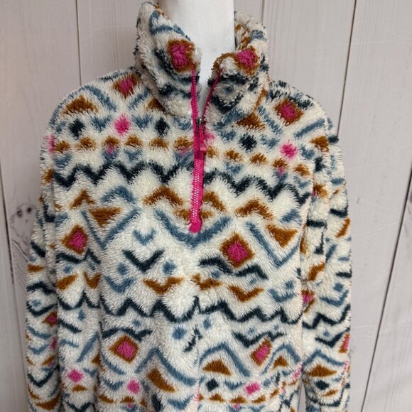 Eddie Bauer Aztec Sherpa Fleece Pullover Women’s Large Cream Multi 1/4 Zip EUC - Picture 5 of 10